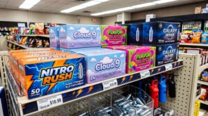 Nitrous oxide cartridges displayed on retail store shelves, including Nitro Rush, Cloud9, Flavor Burst, and Galaxy Whip brands marketed as whipped cream chargers